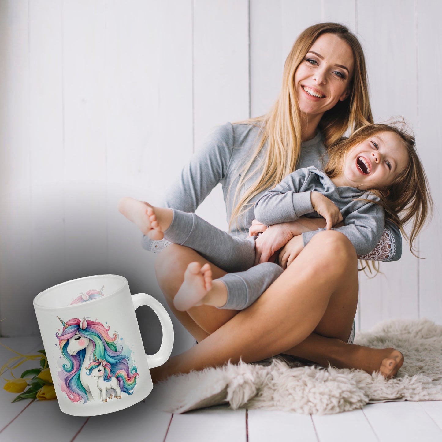 Einhorn-Mama mit Kind Glas Tasse