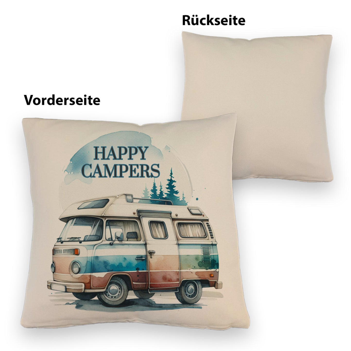 Campingwagen Kissen mit Leinenoptik mit Spruch Happy Campers