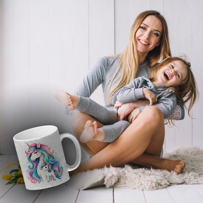 Einhorn-Mama mit Kind Glitzer-Kaffeebecher