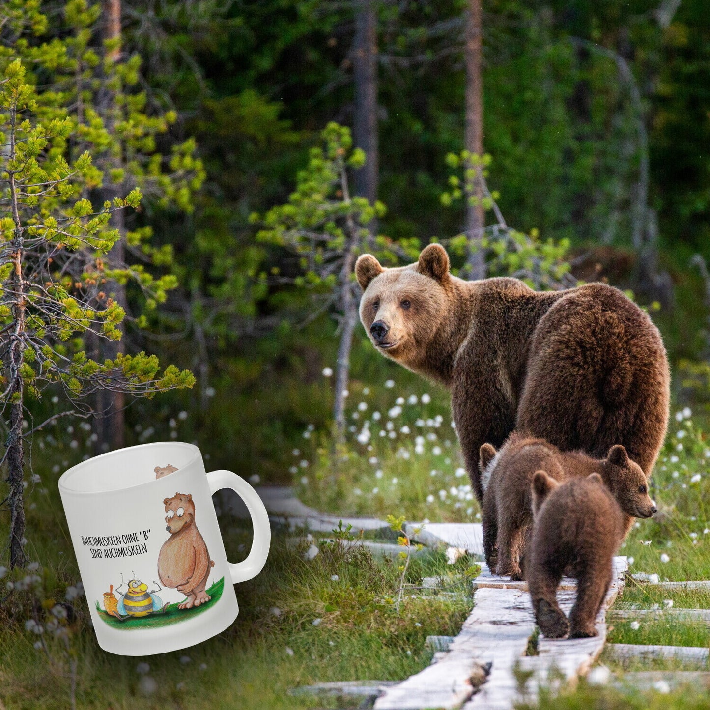 Bauchmuskeln ohne B Glas Tasse mit Biene und Bär Motiv