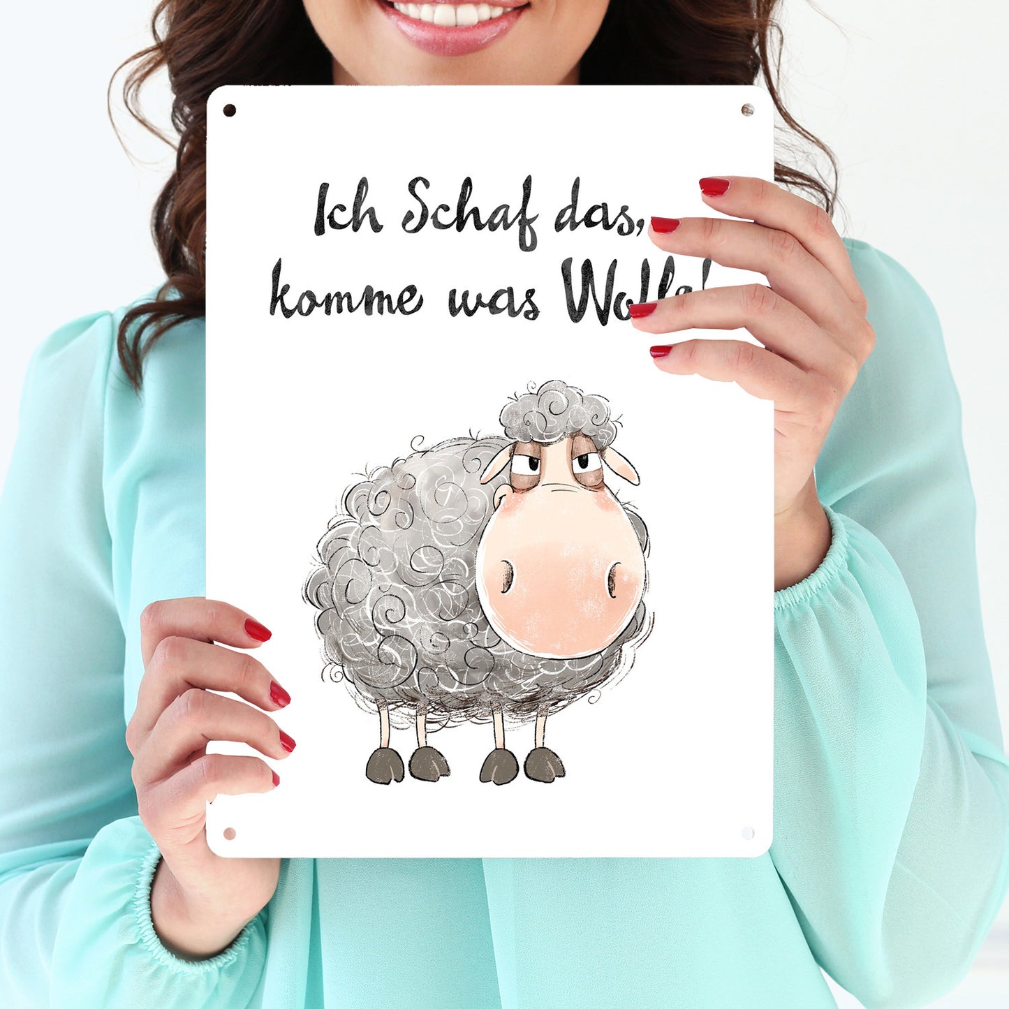 Schaf Metallschild XL in 21x28 cm mit Spruch Ich Schaf das komme was Wolle