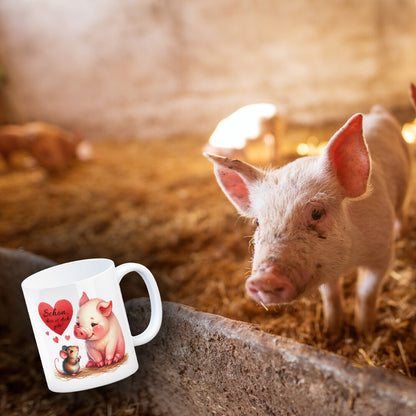 Schwein mit Maus und Herz Kaffeebecher mit Spruch Schön dass es dich gibt