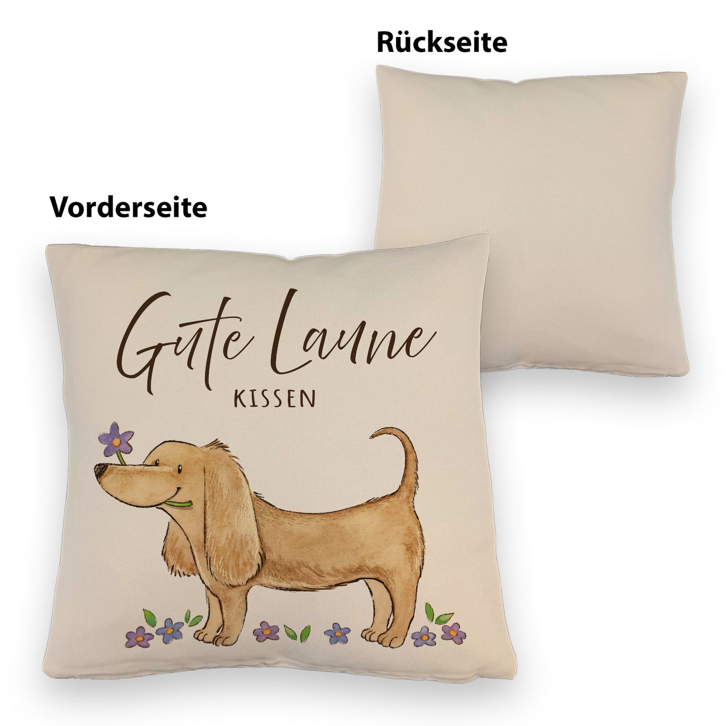 Dackel mit Blume Kissen mit Leinenoptik mit Spruch Gute Laune Kissen mit Leinenoptik