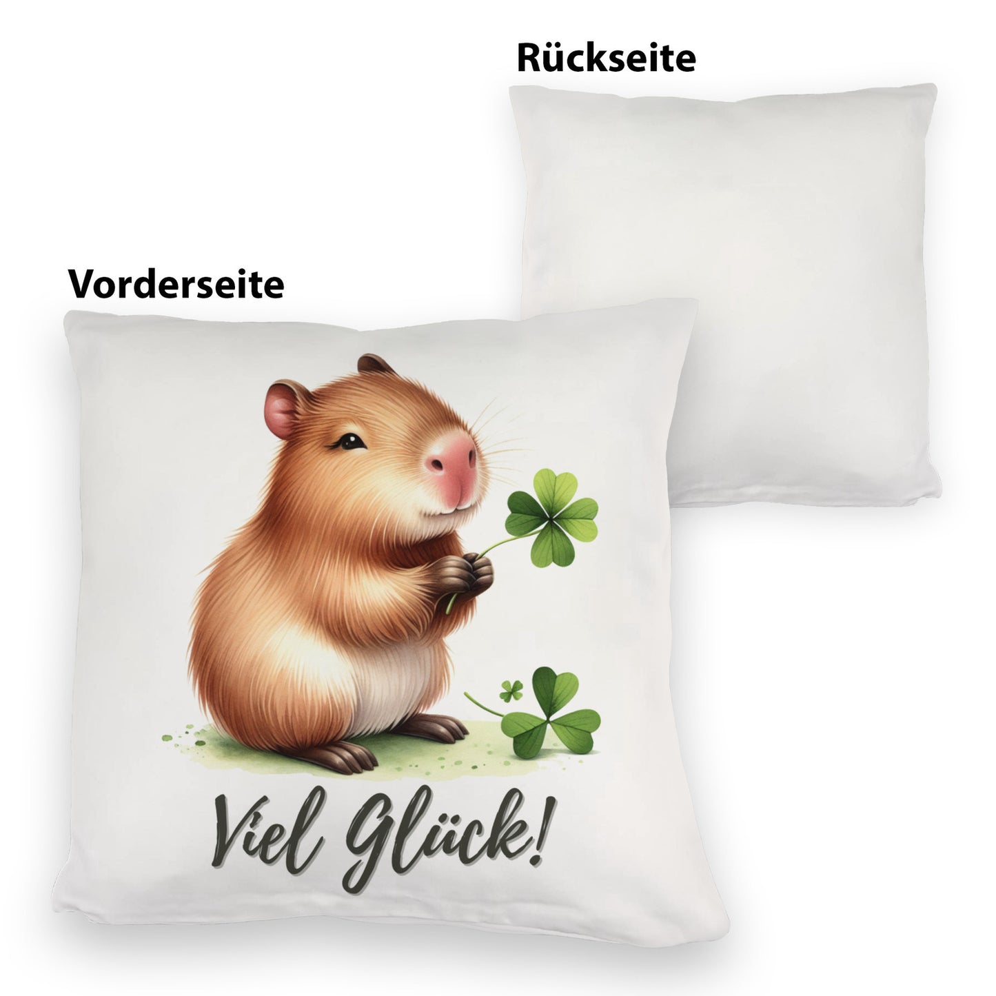 Capybara mit Kleeblatt Kuschelkissen mit Spruch Viel Glück