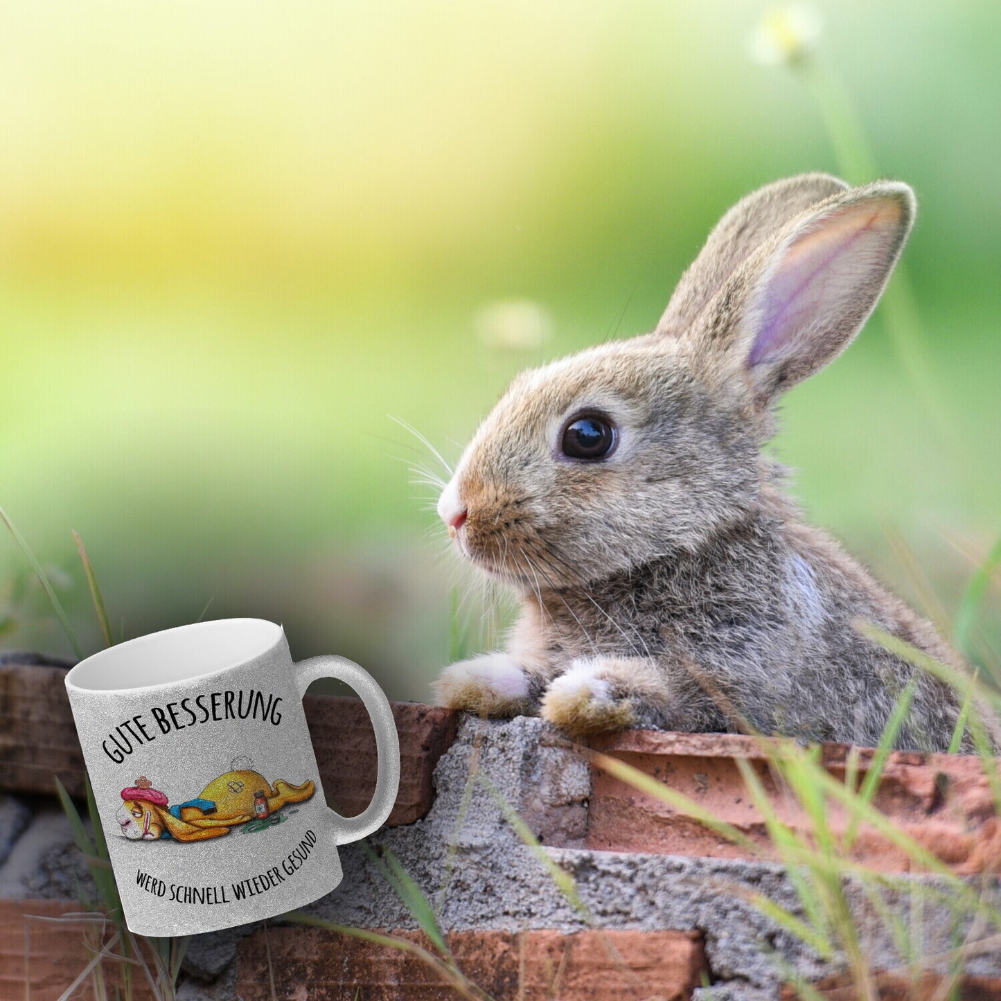 Gute Besserung, werd schnell wieder gesund Glitzer-Glitzer-Kaffeebecher mit Hase Motiv