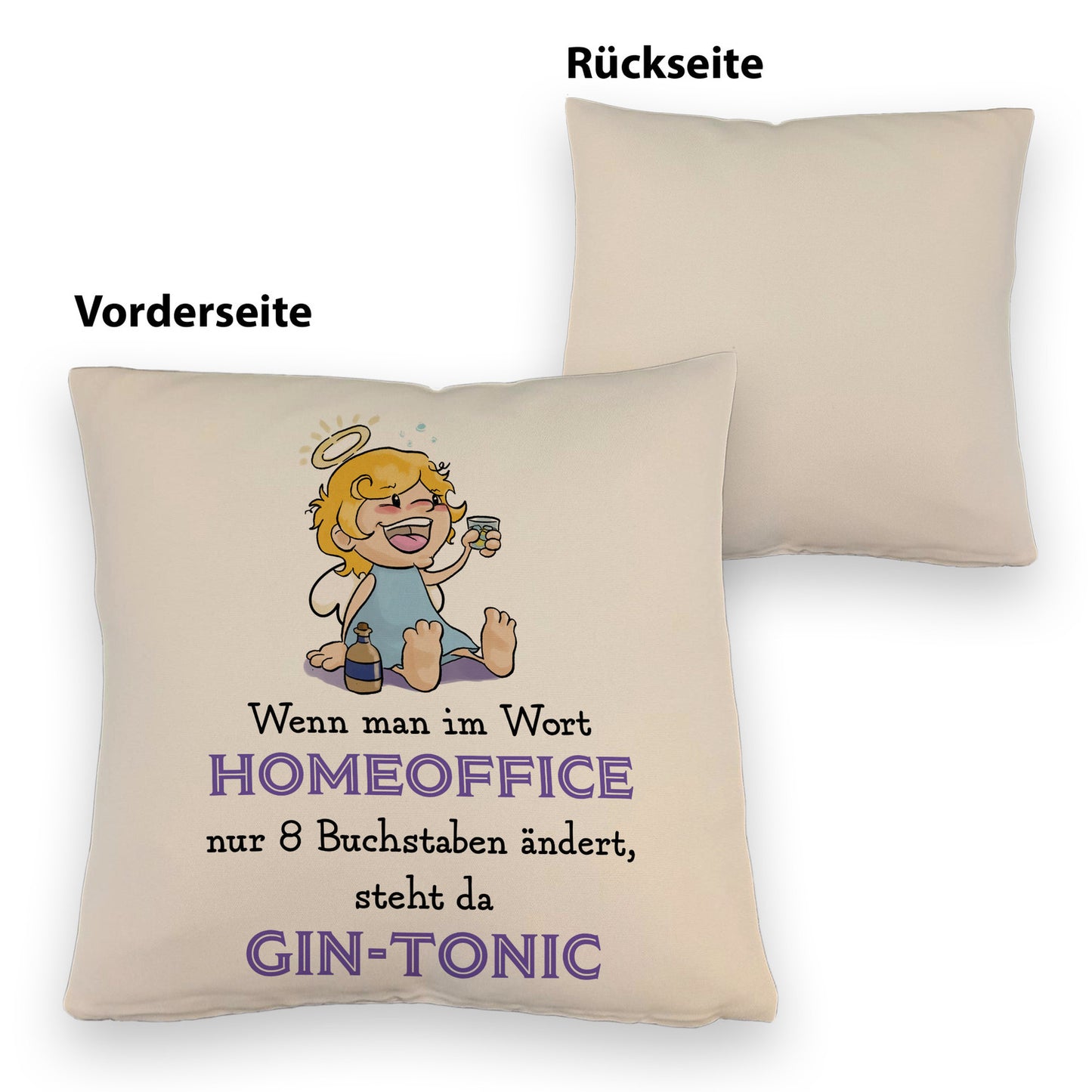 Engel Kissen mit Leinenoptik mit Spruch - Homeoffice klingt ähnlich wie Gin-Tonic