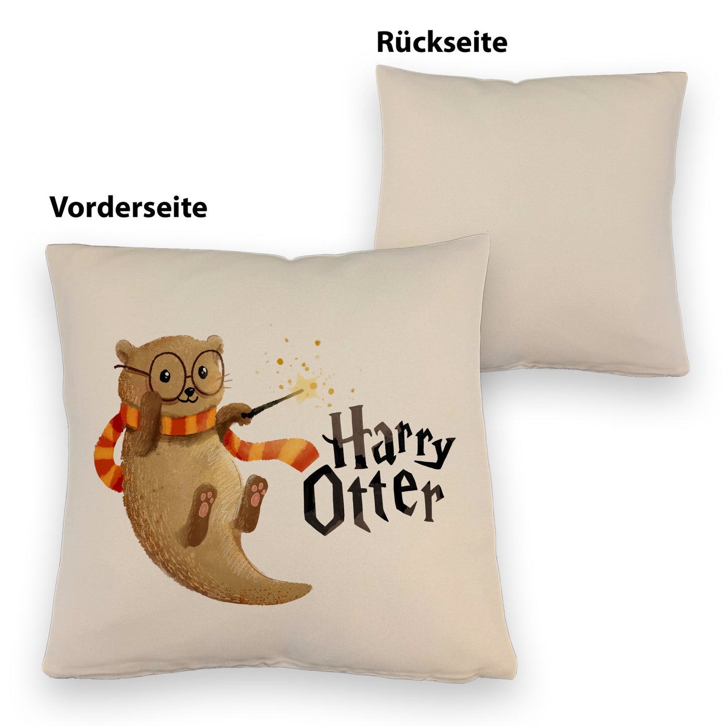 Harry Otter mit Zauberstab Kissen mit Leinenoptik mit Spruch