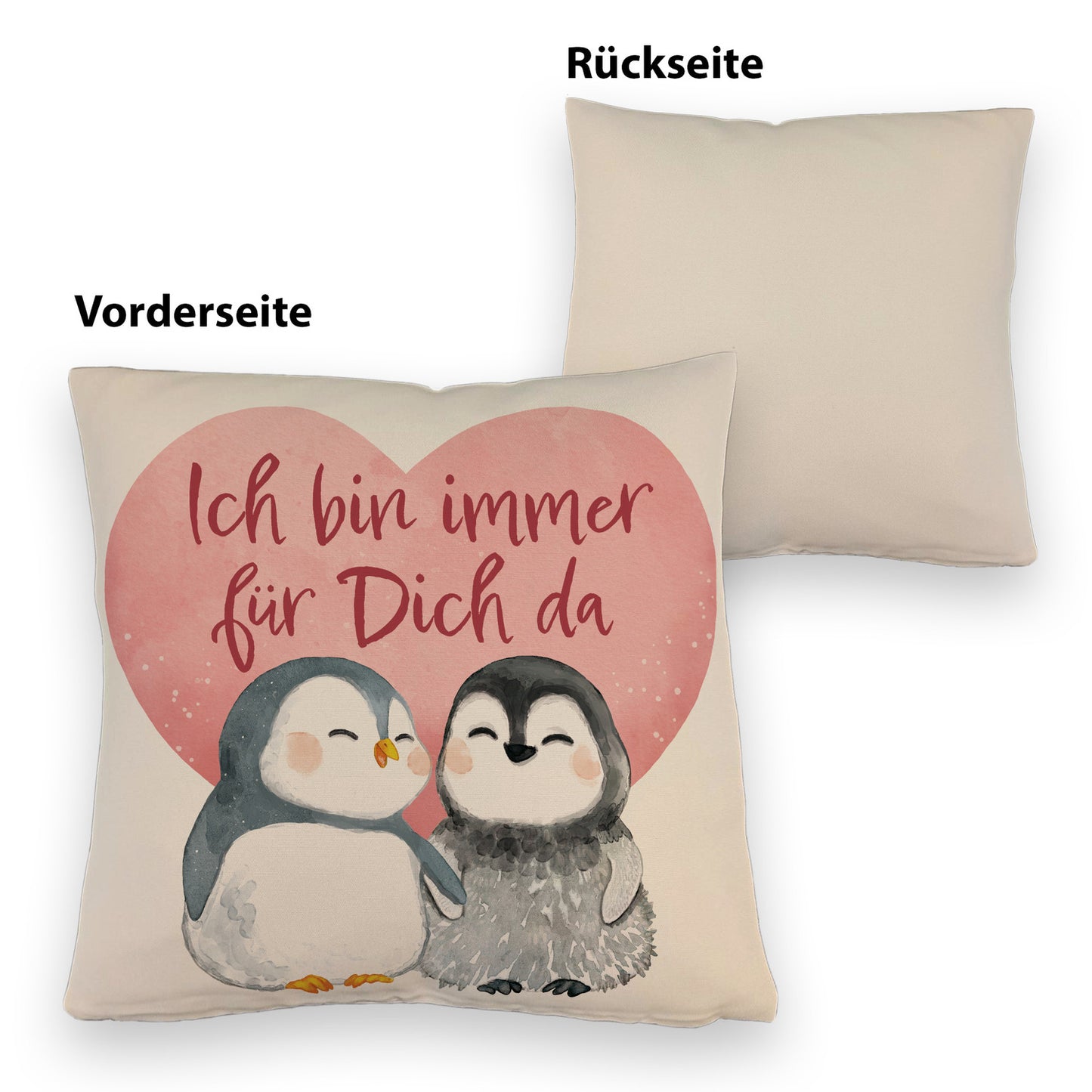 Pinguin Paar Kissen mit Leinenoptik mit Spruch Ich bin immer für dich da