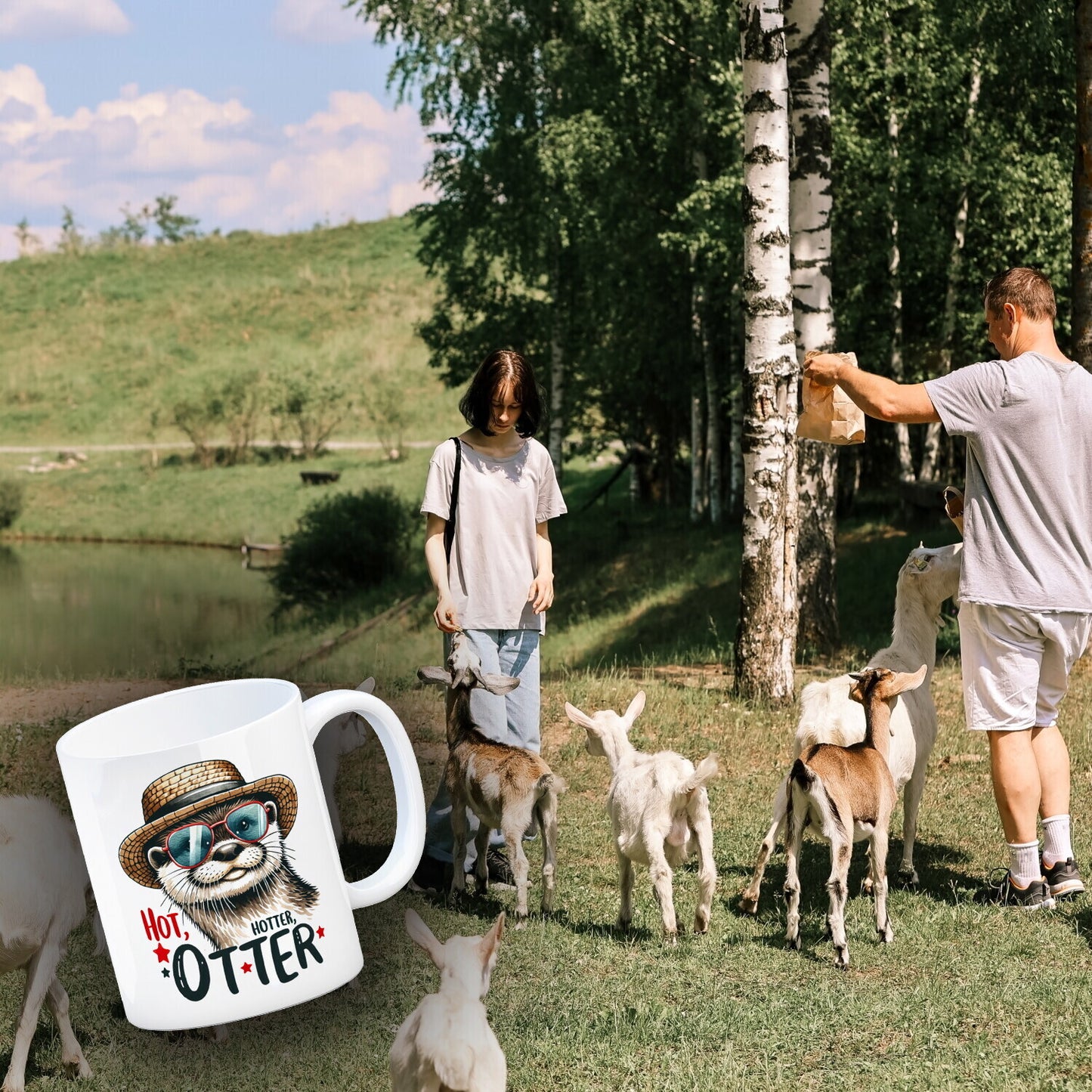 Otter mit Sonnenbrille und Strohhut Kaffeebecher mit Spruch Hot Hotter Otter