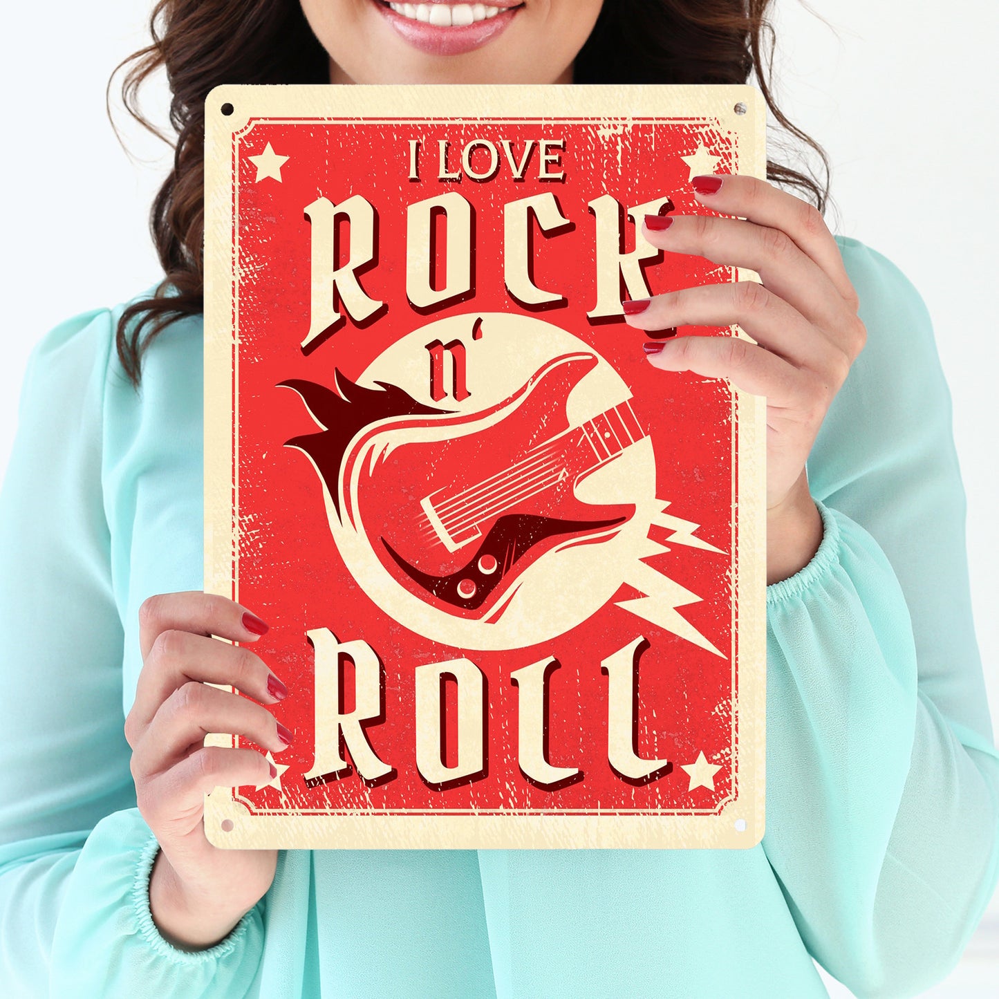 I Love Rock 'n' Roll Metallschild XL in 21x28 cm mit Gitarre