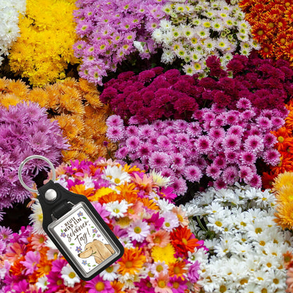 Dackel mit Blume Schlüsselanhänger mit Kunstleder-Anhänger mit Spruch Heute wird ein schöner Tag