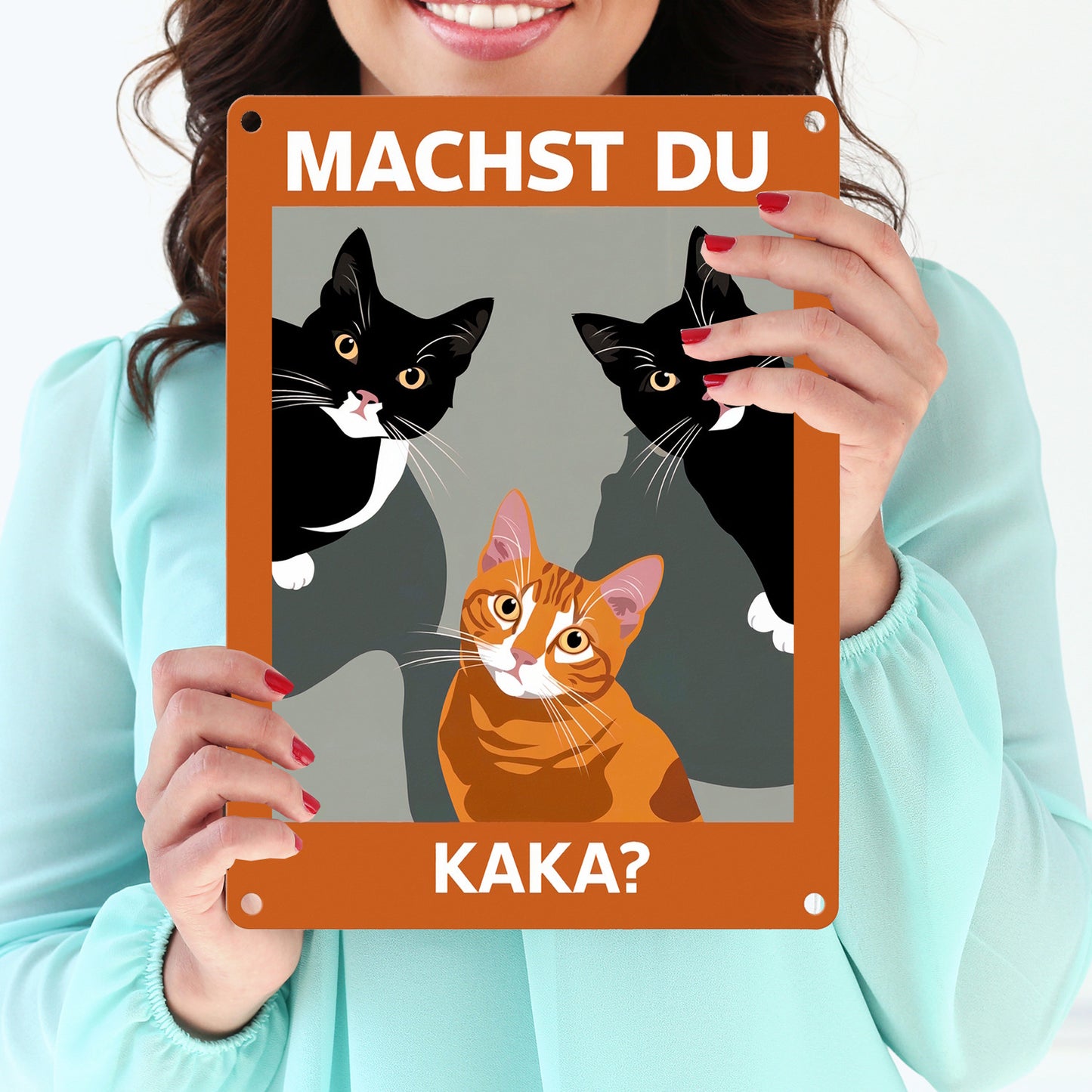 Drei neugierige Katzen Metallschild in 15x20 cm - Machst du Kaka?