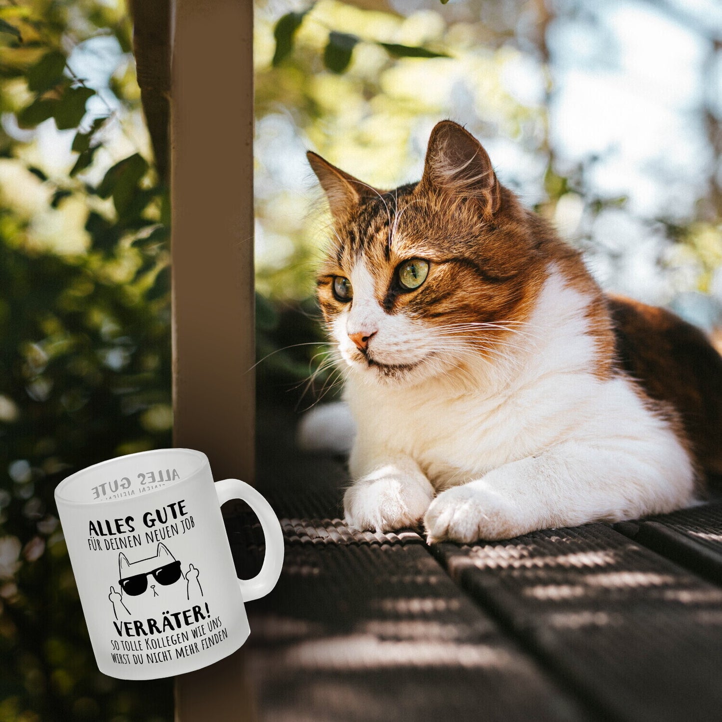 Katze mit Mittelfinger Glas Tasse mit Spruch Viel Erfolg du Verräter