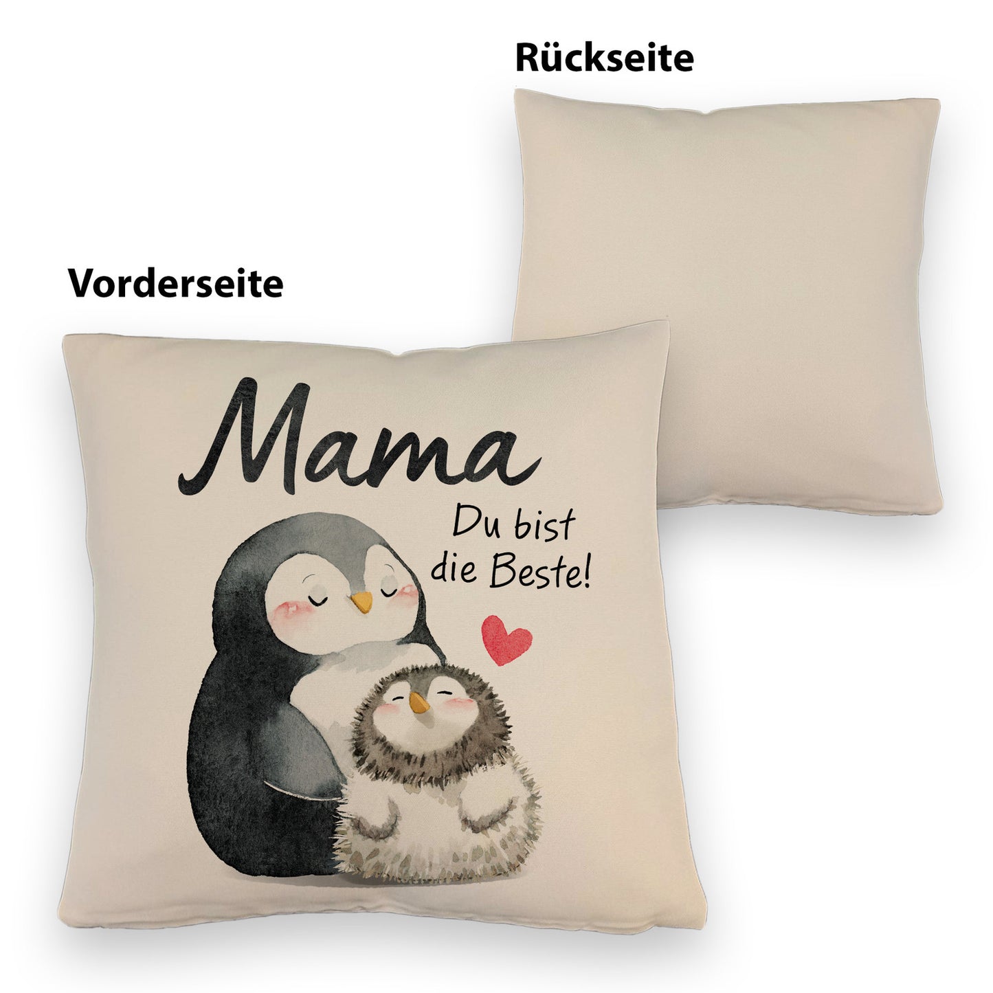 Pinguin Mutter und Kind Kissen mit Leinenoptik mit Spruch Mama du bist die Beste