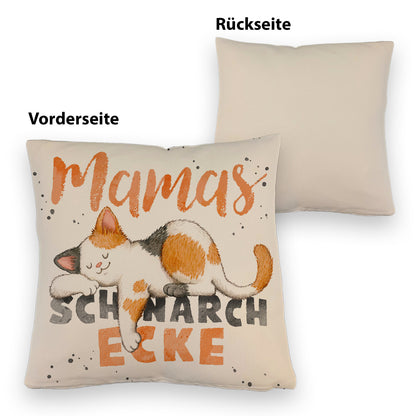 Orange Katze Kissen mit Leinenoptik mit Spruch Mamas Schnarchecke