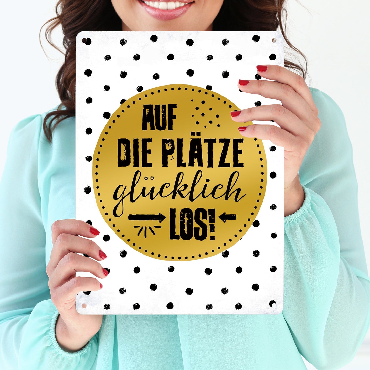 Metallschild XL mit Glück Motiv und Spruch: Auf die Plätze, glücklich, los!