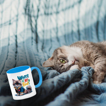 Schicke mürrische Katze Kaffeebecher in hellblau - Wo ist mein Futter