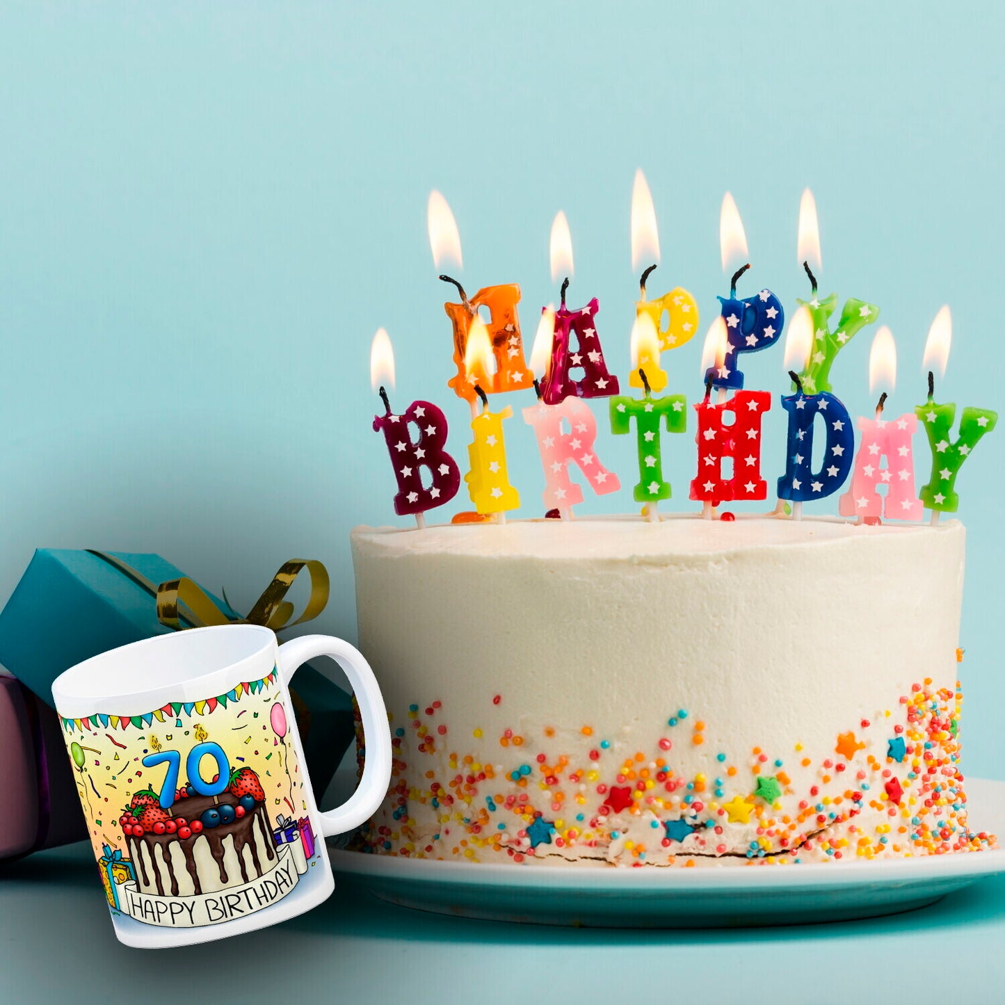 70. Geburtstag Tasse mit Kuchen und Geschenk und Anhänger: zum 25568. Tag