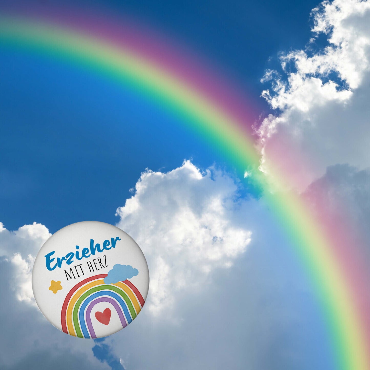 Regenbogen Magnet rund mit Spruch Erzieher mit Herz