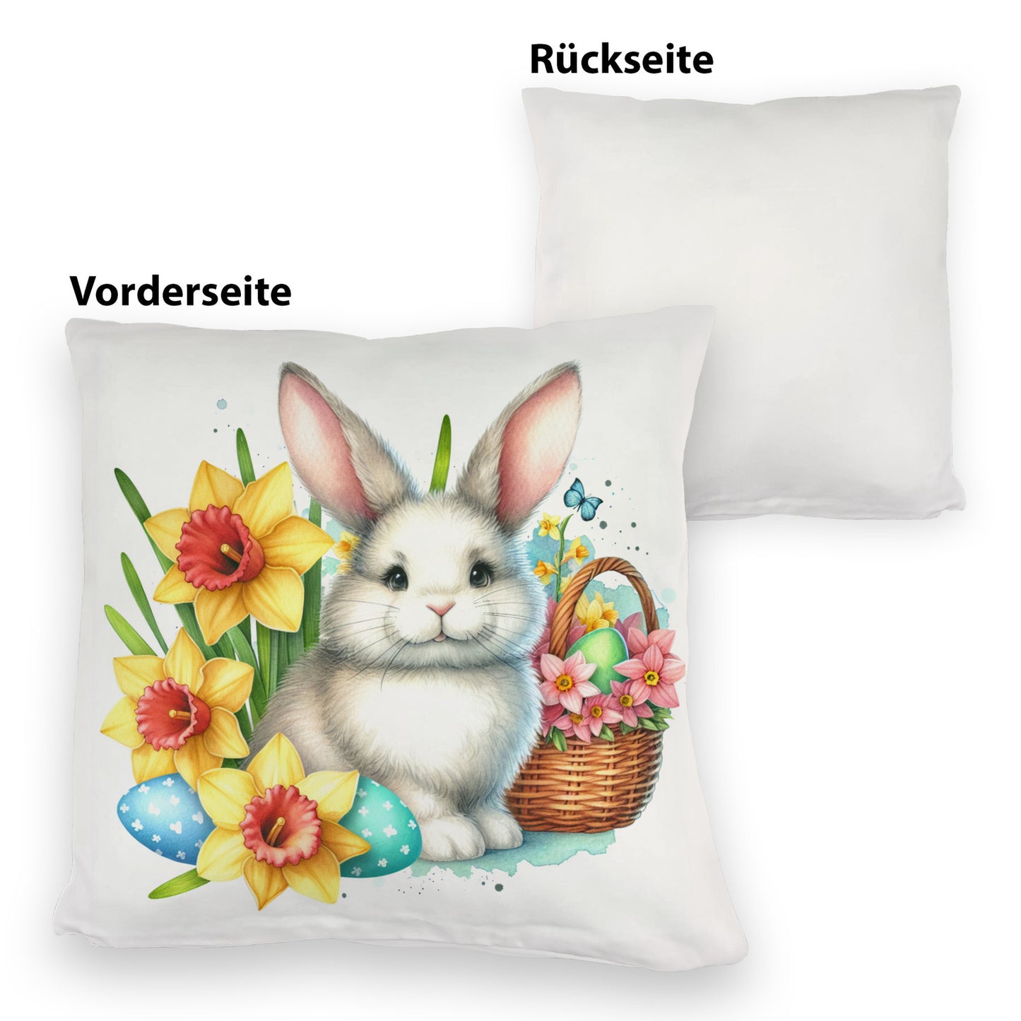 Osterhase neben Osterkorb Kuschelkissen