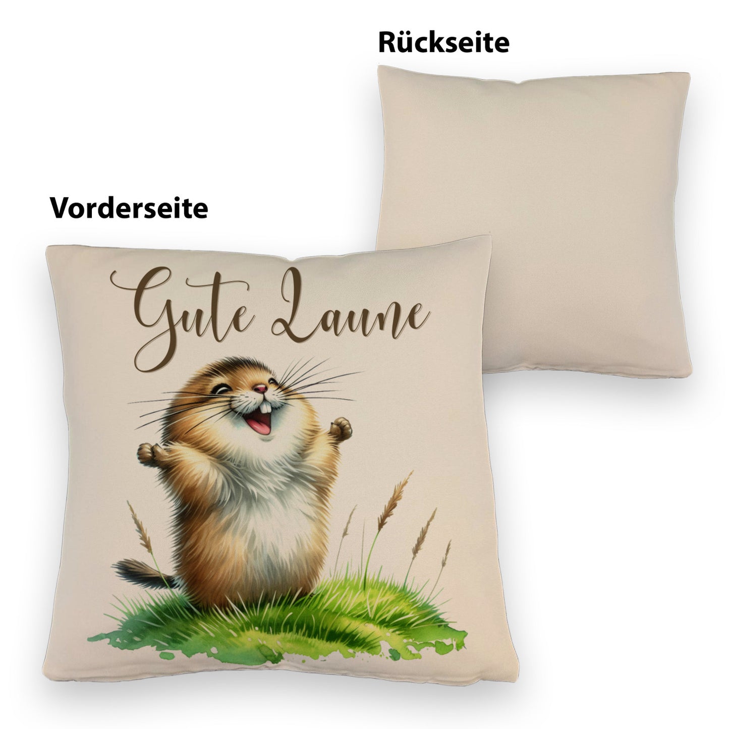 jubelnder Lemming Kissen mit Leinenoptik mit Spruch Gute Laune