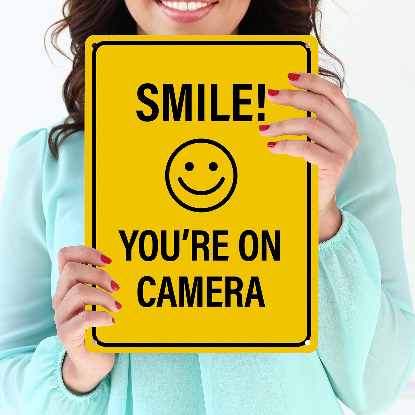 Smile you're on camera Metallschild XL mit lachendem Gesicht