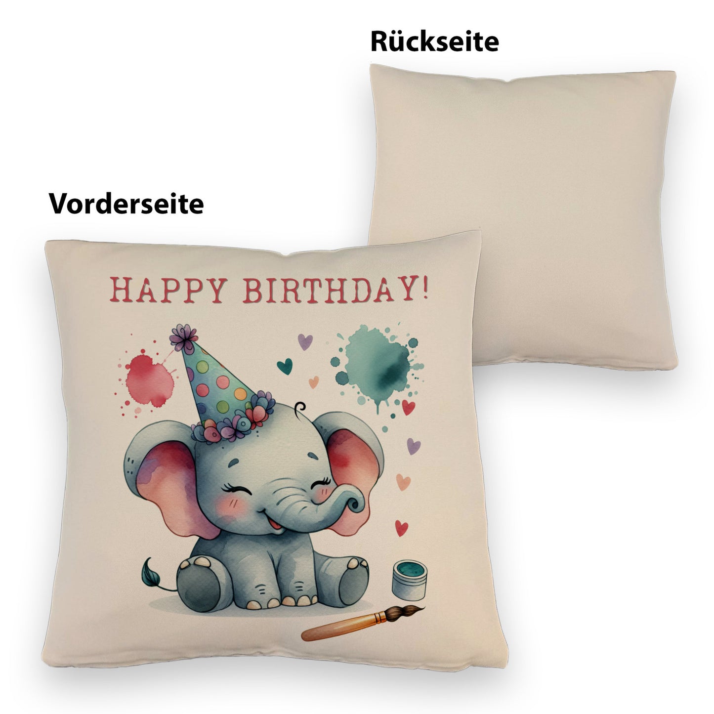 Happy Birthday Elefant Kissen mit Leinenoptik