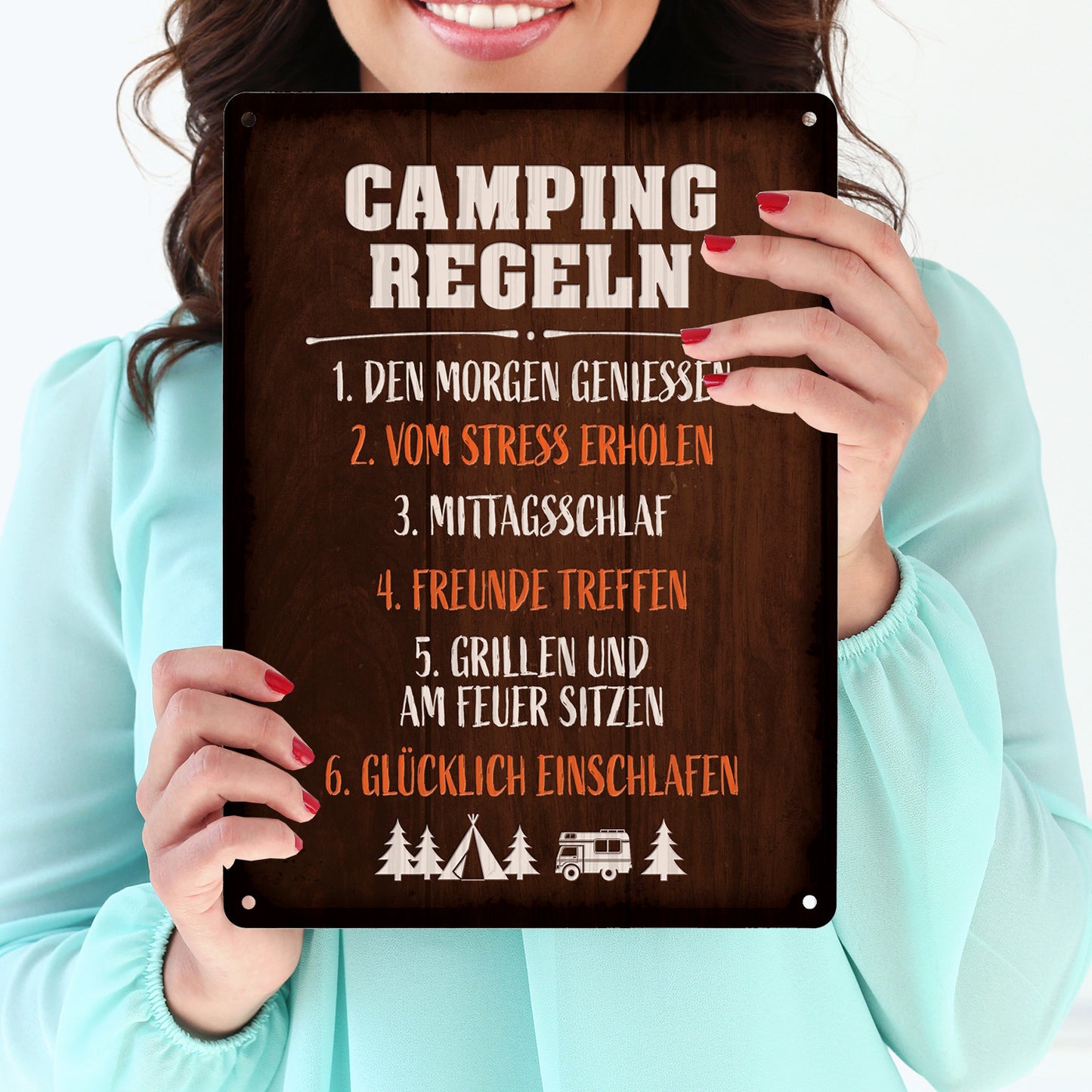 Metallschild XL mit Camping Motiv und Spruch: Camping regeln