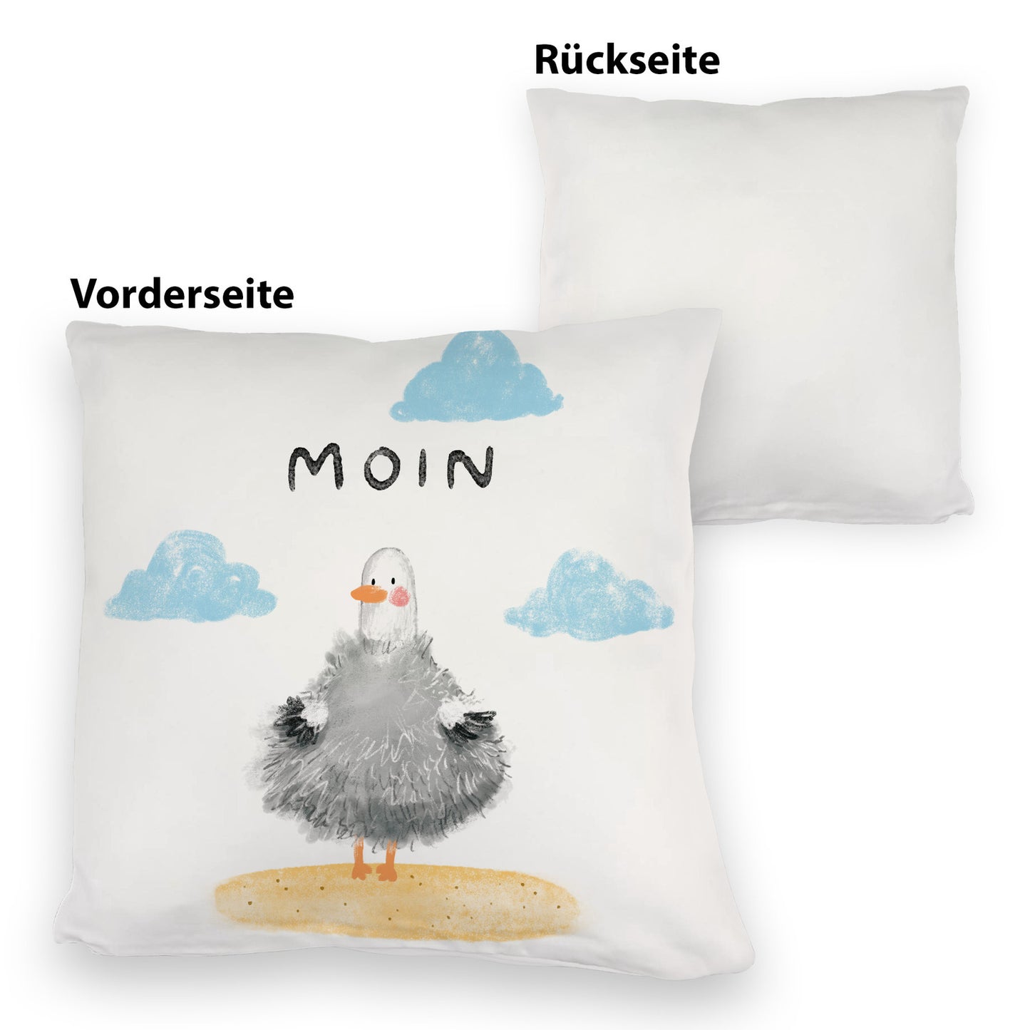 Möwe Kuschelkissen mit Spruch Moin