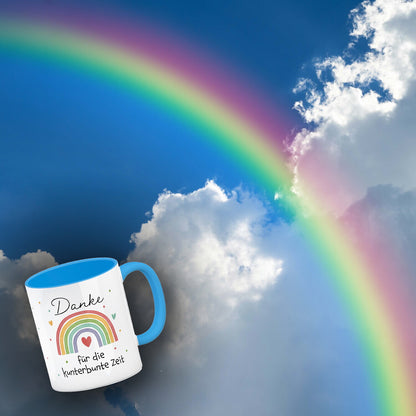 Regenbogen Kaffeebecher in hellblau mit Spruch Danke für die kunterbunte Zeit