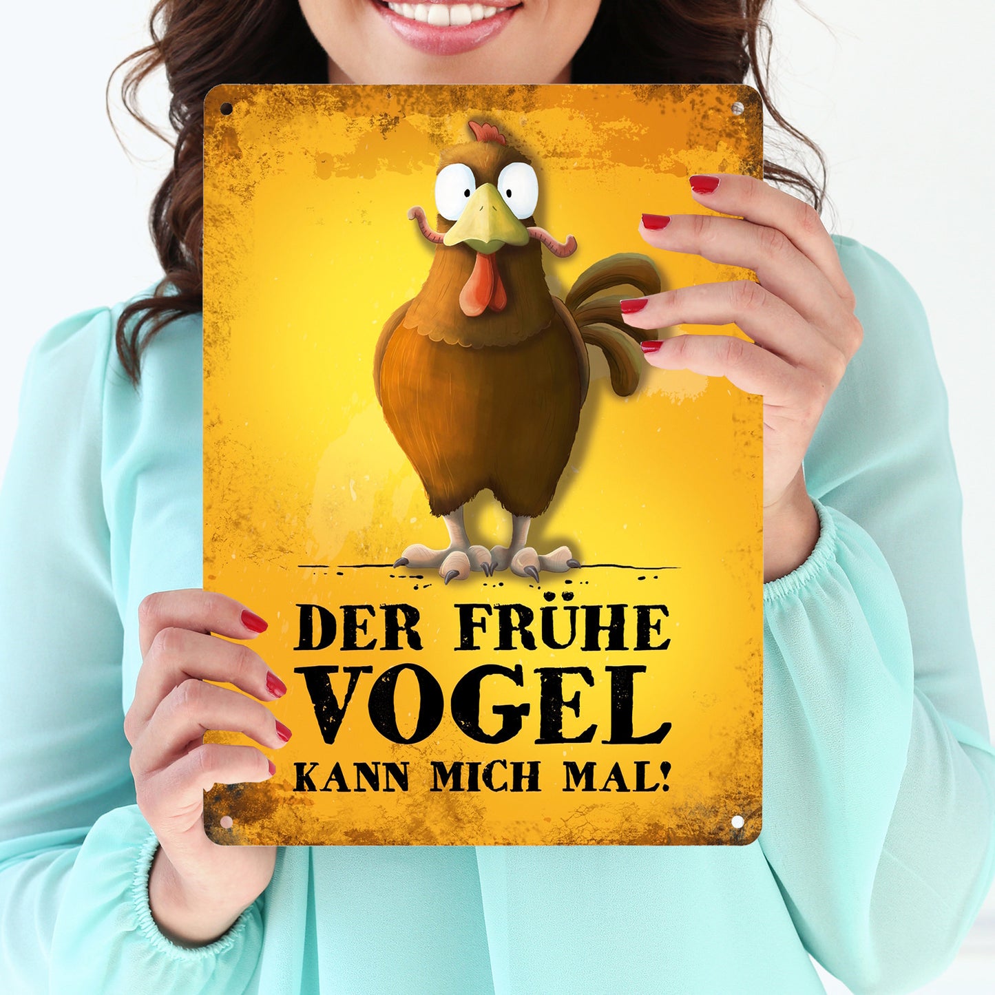 Metallschild XL mit Huhn Motiv und Spruch: Der frühe Vogel kann mich mal