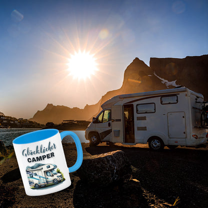 Wohnmobil Kaffeebecher in hellblau mit Spruch Glücklicher Camper