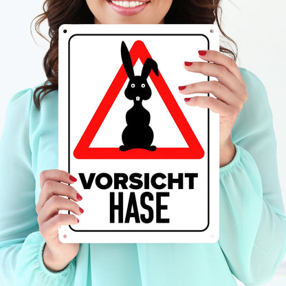 Vorsicht Hase Metallschild XL in 21x28 cm mit Hasen Silhouette