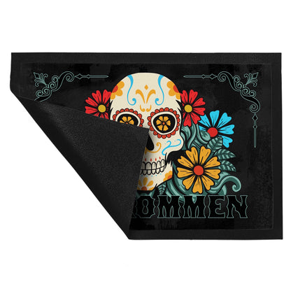 Willkommen Fußmatte XL in 40x60 cm mit Totenkopf und Blumenmotiv