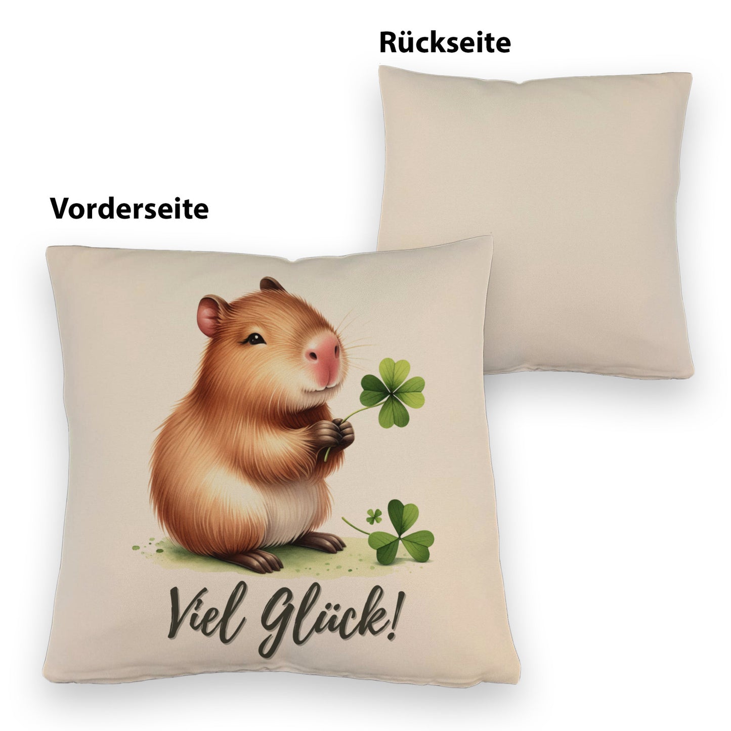 Capybara mit Kleeblatt Kissen mit Leinenoptik mit Spruch Viel Glück