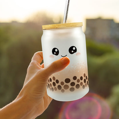 Bubble Tea Trinkglas mit Bambusdeckel in orange