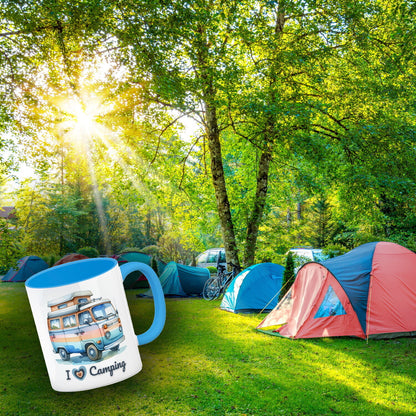 Campervan Kaffeebecher in hellblau mit Spruch I love Camping