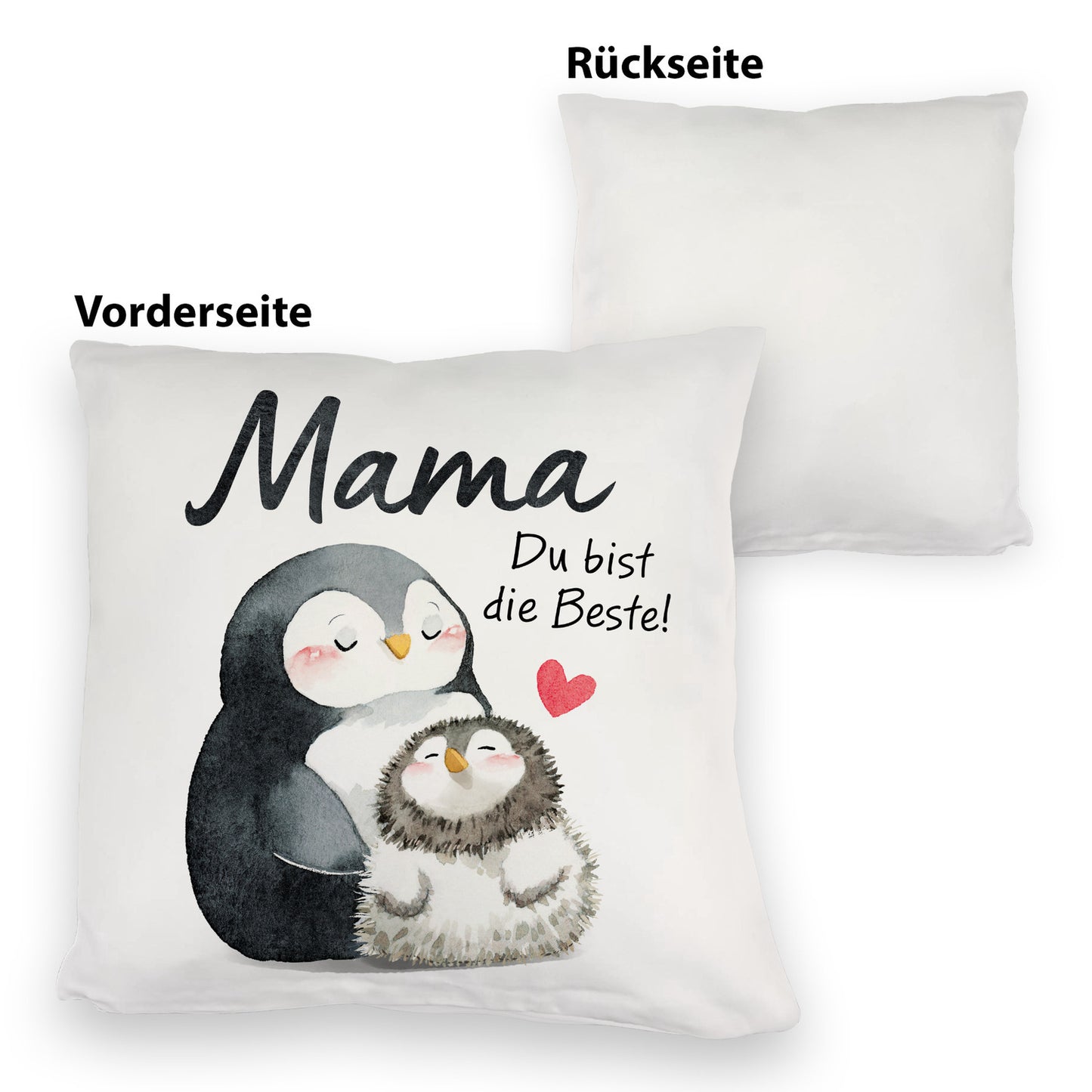 Pinguin Mutter und Kind Kuschelkissen mit Spruch Mama du bist die Beste