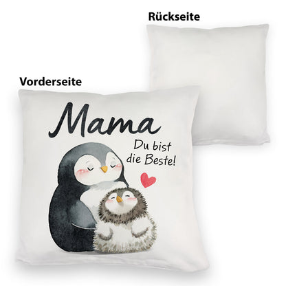 Pinguin Mutter und Kind Kuschelkissen mit Spruch Mama du bist die Beste