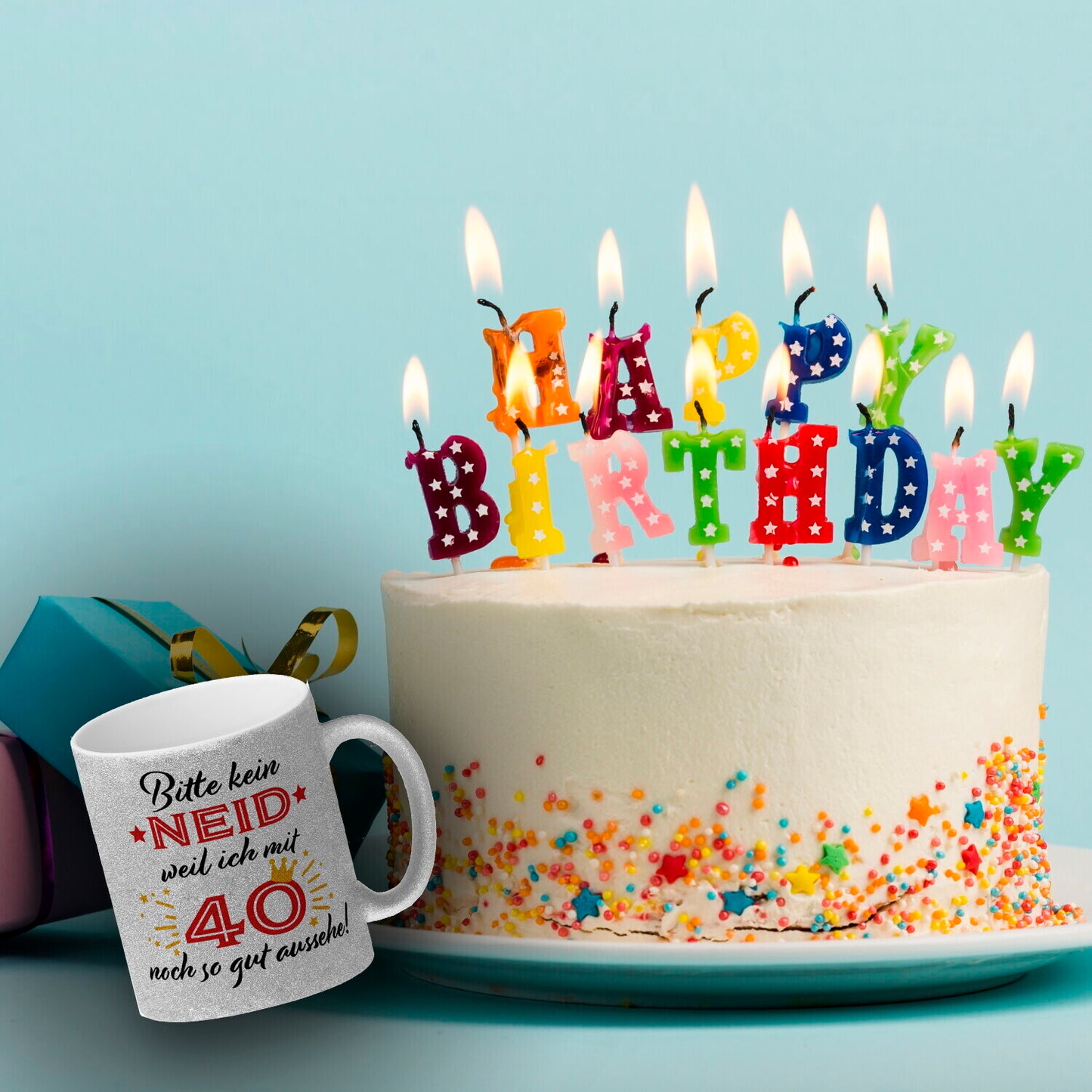 40. Geburtstag Glitzer-Kaffeebecher mit lustigem Spruch: Neid