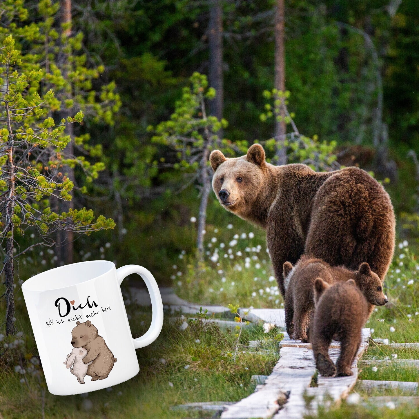 Hase und Bär Kaffeebecher mit Spruch Dich geb ich nicht mehr her