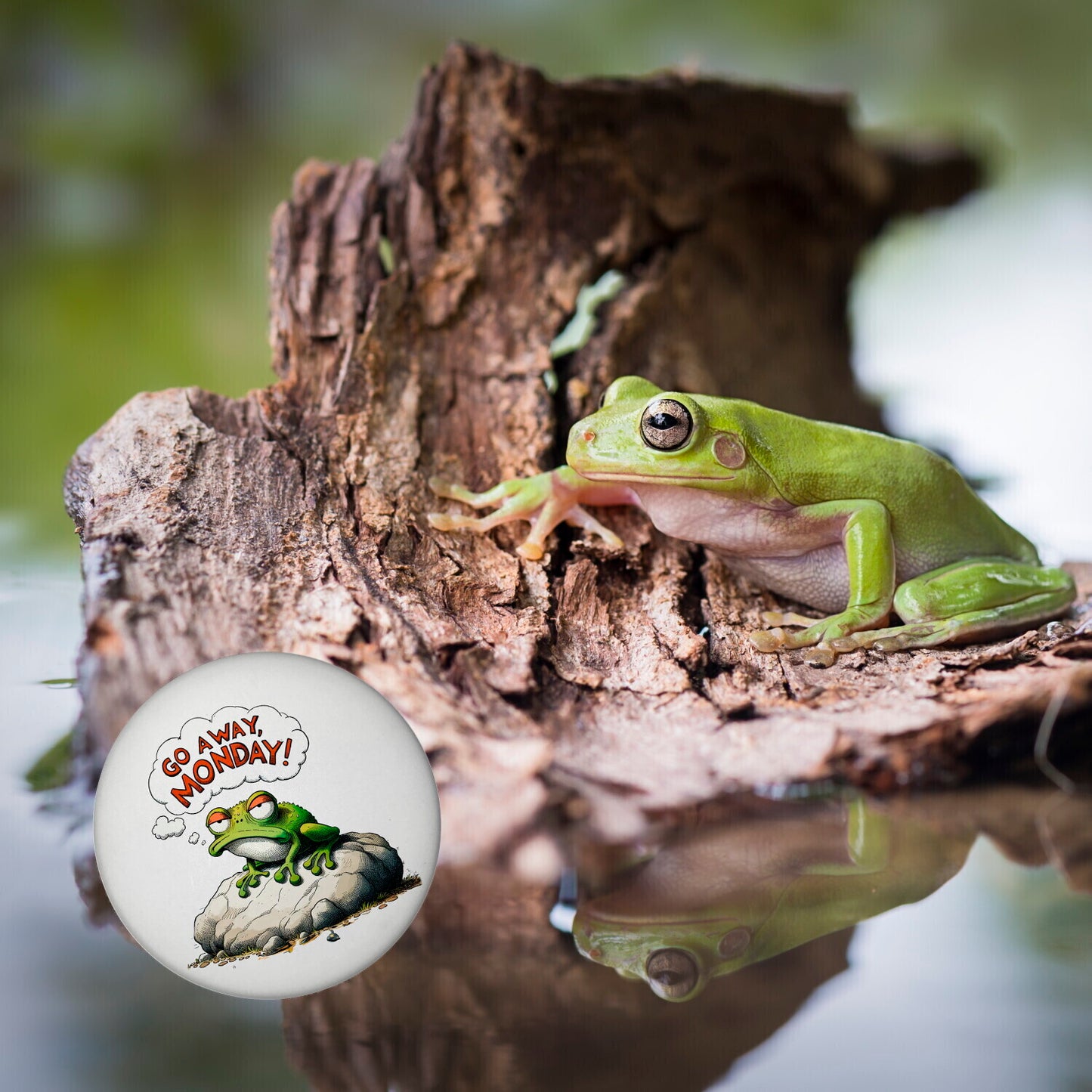 Mürrischer Frosch auf Stein Magnet rund mit Spruch Go away, Monday!