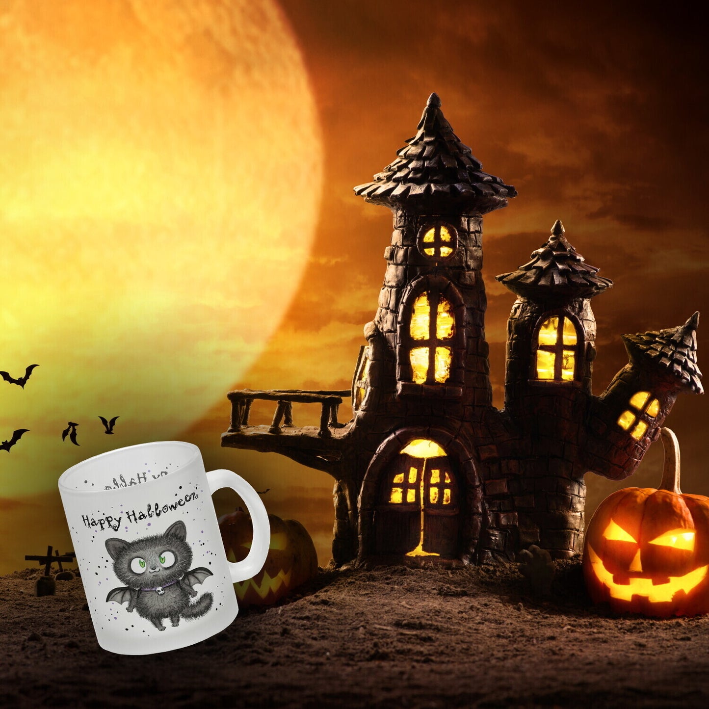 Happy Halloween Glas Tasse mit schwarzer Fledermaus-Katze