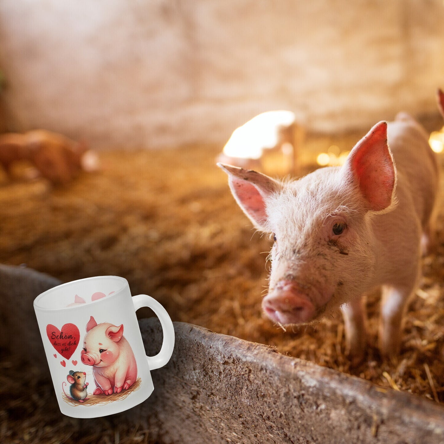 Schwein mit Maus und Herz Glas Tasse mit Spruch Schön dass es dich gibt