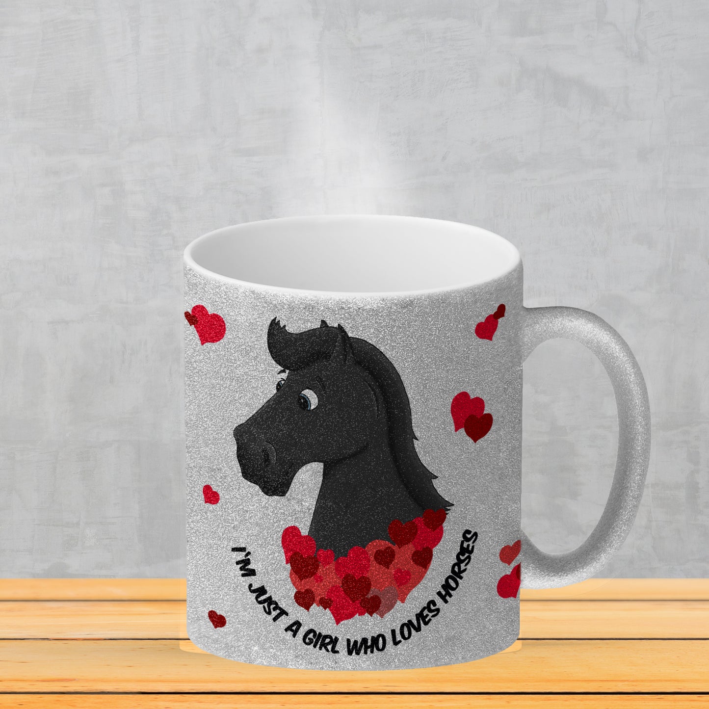 I'm just a girl who loves horses Glitzer-Glitzer-Kaffeebecher mit schwarzes Pferd Motiv