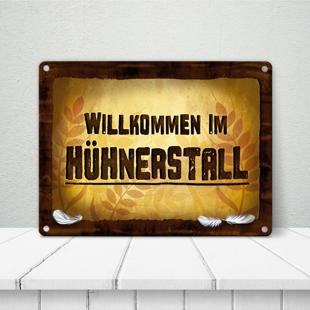 Huhn Metallschild mit Stall Motiv und Spruch: Willkommen im Hühnerstall