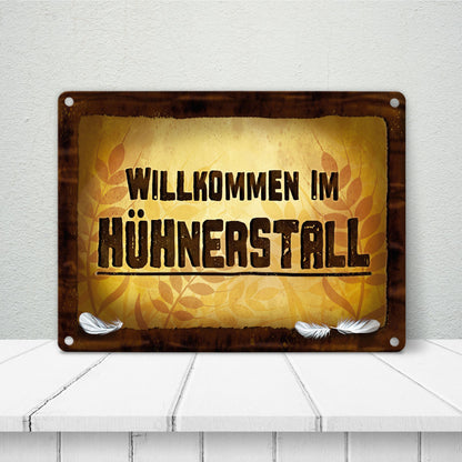 Huhn Metallschild mit Stall Motiv und Spruch: Willkommen im Hühnerstall