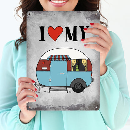 Metallschild XL mit Wohnwagen Motiv und Spruch: I love my Caravan