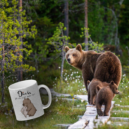 Hase und Bär Glitzer-Kaffeebecher mit Spruch Dich geb ich nicht mehr her