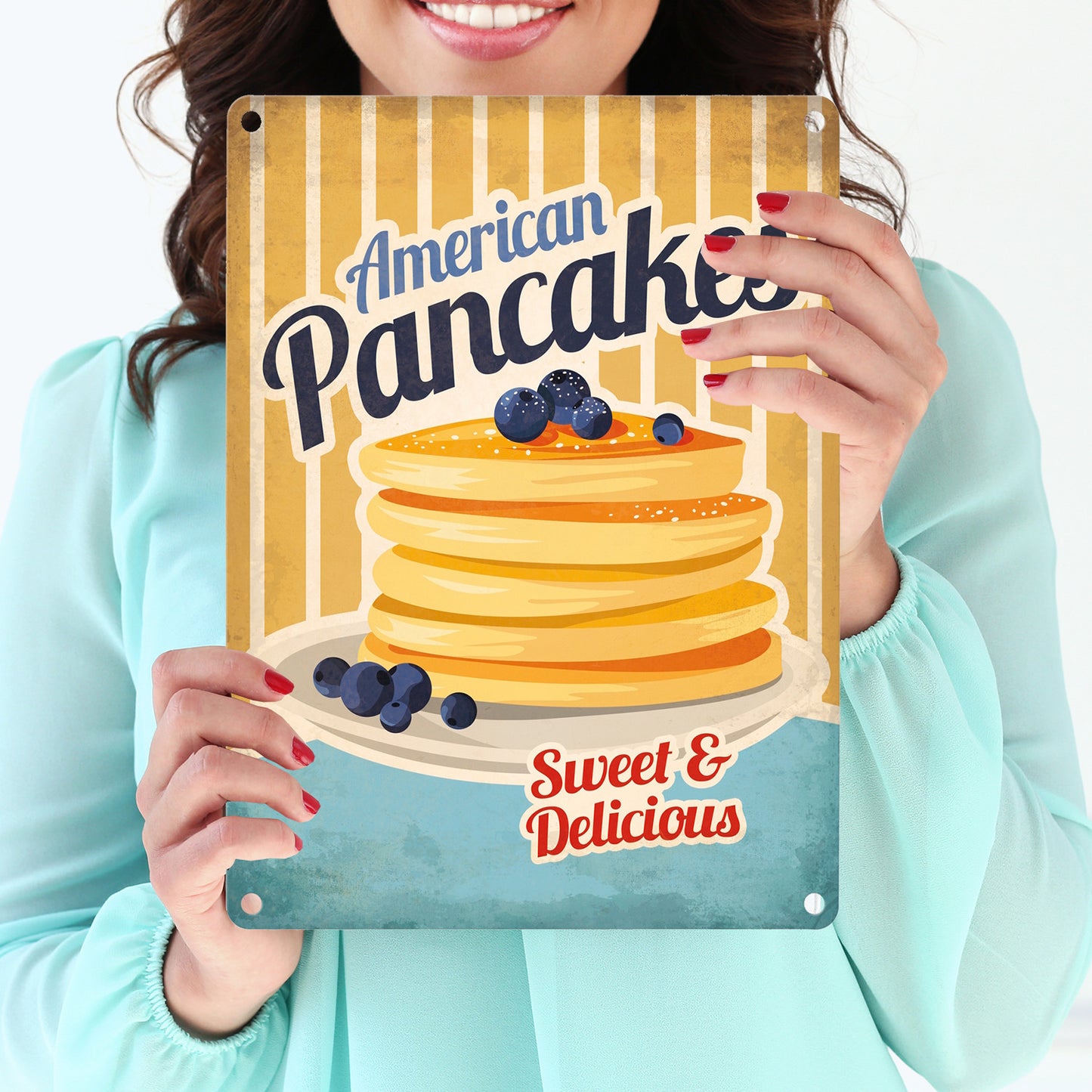 Metallschild mit American Diner Classics - Pancakes Motiv